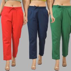 Combo of 3 Women Trouser Pants Cotton Flax Red Navy Blue and Bottle Green-11759