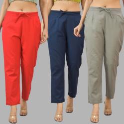 Combo of 3 Women Trouser Pants Cotton Flax Red Navy Blue and Gray-11757