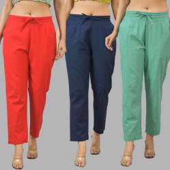 Combo of 3 Women Trouser Pants Cotton Flax Red Navy Blue and Green-11756