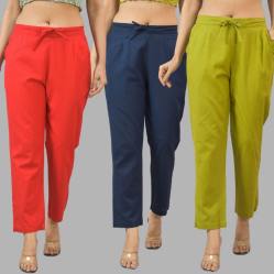 Combo of 3 Women Trouser Pants Cotton Flax Red Navy Blue and Olive Green-11758