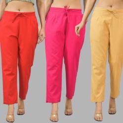 Combo of 3 Women Trouser Pants Cotton Flax Red Pink and Beige-11738