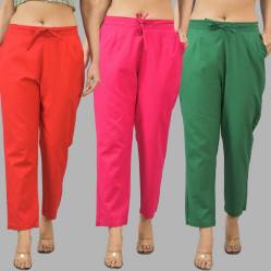 Combo of 3 Women Trouser Pants Cotton Flax Red Pink and Bottle Green-11744