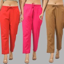 Combo of 3 Women Trouser Pants Cotton Flax Red Pink and Brown-11739