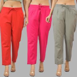 Combo of 3 Women Trouser Pants Cotton Flax Red Pink and Gray-11742