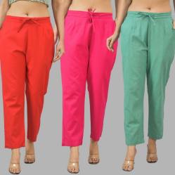 Combo of 3 Women Trouser Pants Cotton Flax Red Pink and Green-11741