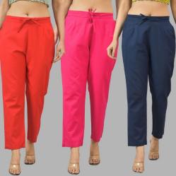 Combo of 3 Women Trouser Pants Cotton Flax Red Pink and Navy Blue-11740