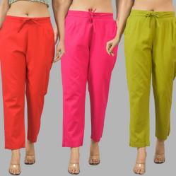 Combo of 3 Women Trouser Pants Cotton Flax Red Pink and Olive Green-11743