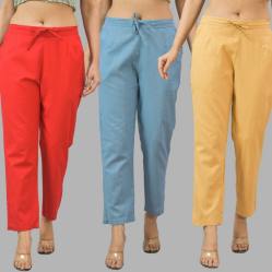 Combo of 3 Women Trouser Pants Cotton Flax Red Sky Blue and Beige-11731