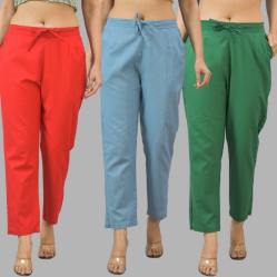 Combo of 3 Women Trouser Pants Cotton Flax Red Sky Blue and Bottle Green-11737