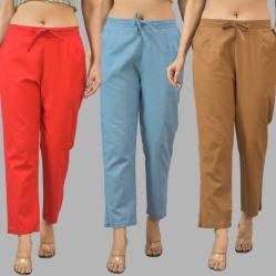 Combo of 3 Women Trouser Pants Cotton Flax Red Sky Blue and Brown-11732