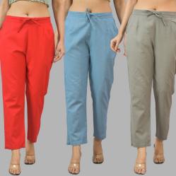 Combo of 3 Women Trouser Pants Cotton Flax Red Sky Blue and Gray-11735