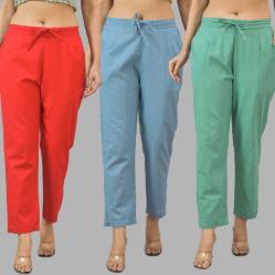 Combo of 3 Women Trouser Pants Cotton Flax Red Sky Blue and Green-11734