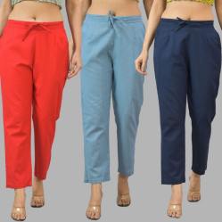 Combo of 3 Women Trouser Pants Cotton Flax Red Sky Blue and Navy Blue-11733