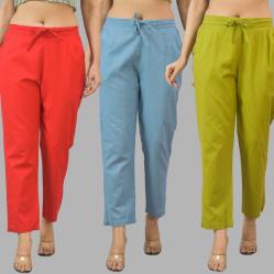 Combo of 3 Women Trouser Pants Cotton Flax Red Sky Blue and Olive Green-11736