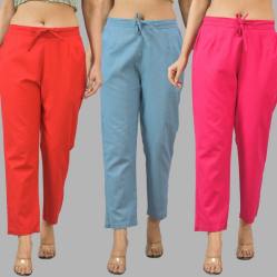 Combo of 3 Women Trouser Pants Cotton Flax Red Sky Blue and Pink-11730