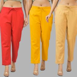 Combo of 3 Women Trouser Pants Cotton Flax Red Yellow and Beige-11723