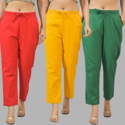 Combo of 3 Women Trouser Pants Cotton Flax Red Yellow and Bottle Green-11729