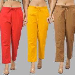 Combo of 3 Women Trouser Pants Cotton Flax Red Yellow and Brown-11724