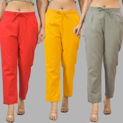 Combo of 3 Women Trouser Pants Cotton Flax Red Yellow and Gray-11727