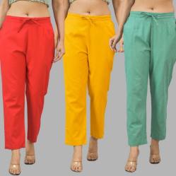 Combo of 3 Women Trouser Pants Cotton Flax Red Yellow and Green-11726