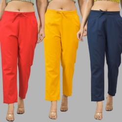 Combo of 3 Women Trouser Pants Cotton Flax Red Yellow and Navy Blue-11725