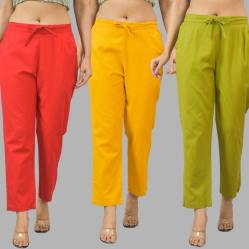 Combo of 3 Women Trouser Pants Cotton Flax Red Yellow and Olive Green-11728
