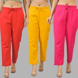 Combo of 3 Women Trouser Pants Cotton Flax Red Yellow and Pink-11722