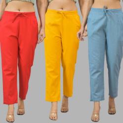 Combo of 3 Women Trouser Pants Cotton Flax Red Yellow and Sky Blue-11721