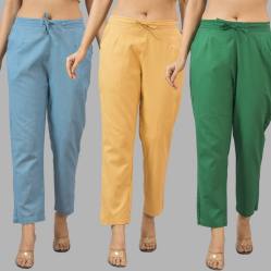 Combo of 3 Women Trouser Pants Cotton Flax Sky Blue Beige and Bottle Green-11814