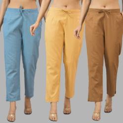 Combo of 3 Women Trouser Pants Cotton Flax Sky Blue Beige and Brown-11809