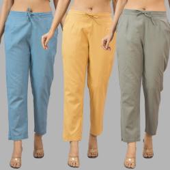 Combo of 3 Women Trouser Pants Cotton Flax Sky Blue Beige and Gray-11812