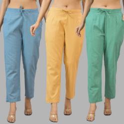 Combo of 3 Women Trouser Pants Cotton Flax Sky Blue Beige and Green-11811