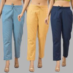 Combo of 3 Women Trouser Pants Cotton Flax Sky Blue Beige and Navy Blue-11810