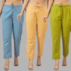Combo of 3 Women Trouser Pants Cotton Flax Sky Blue Beige and Olive Green-11813