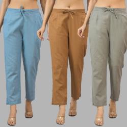 Combo of 3 Women Trouser Pants Cotton Flax Sky Blue Brown and Gray-11817