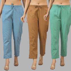 Combo of 3 Women Trouser Pants Cotton Flax Sky Blue Brown and Green-11816