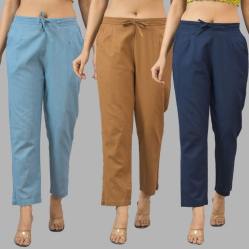 Combo of 3 Women Trouser Pants Cotton Flax Sky Blue Brown and Navy Blue-11815