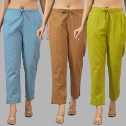 Combo of 3 Women Trouser Pants Cotton Flax Sky Blue Brown and Olive Green-11818