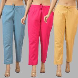 Combo of 3 Women Trouser Pants Cotton Flax Sky Blue Pink and Beige-11802