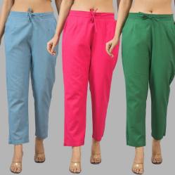 Combo of 3 Women Trouser Pants Cotton Flax Sky Blue Pink and Bottle Green-11808