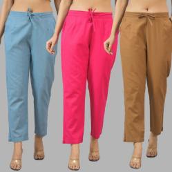 Combo of 3 Women Trouser Pants Cotton Flax Sky Blue Pink and Brown-11803