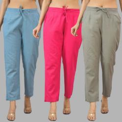 Combo of 3 Women Trouser Pants Cotton Flax Sky Blue Pink and Gray-11806