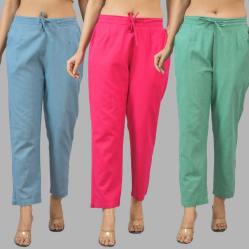 Combo of 3 Women Trouser Pants Cotton Flax Sky Blue Pink and Green-11805