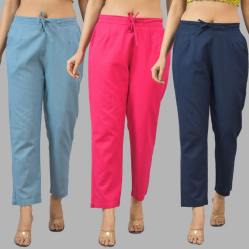 Combo of 3 Women Trouser Pants Cotton Flax Sky Blue Pink and Navy Blue-11804