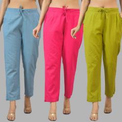 Combo of 3 Women Trouser Pants Cotton Flax Sky Blue Pink and Olive Green-11807