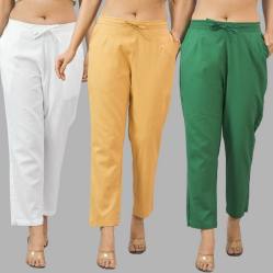 Combo of 3 Women Trouser Pants Cotton Flax White Beige and Bottle Green-11705