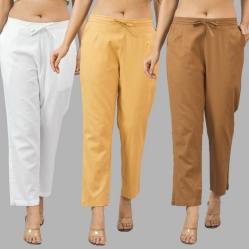 Combo of 3 Women Trouser Pants Cotton Flax White Beige and Brown-11700