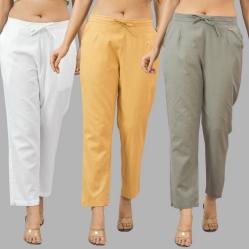 Combo of 3 Women Trouser Pants Cotton Flax White Beige and Gray-11703