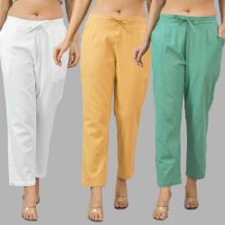 Combo of 3 Women Trouser Pants Cotton Flax White Beige and Green-11702