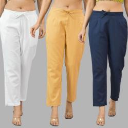 Combo of 3 Women Trouser Pants Cotton Flax White Beige and Navy Blue-11701